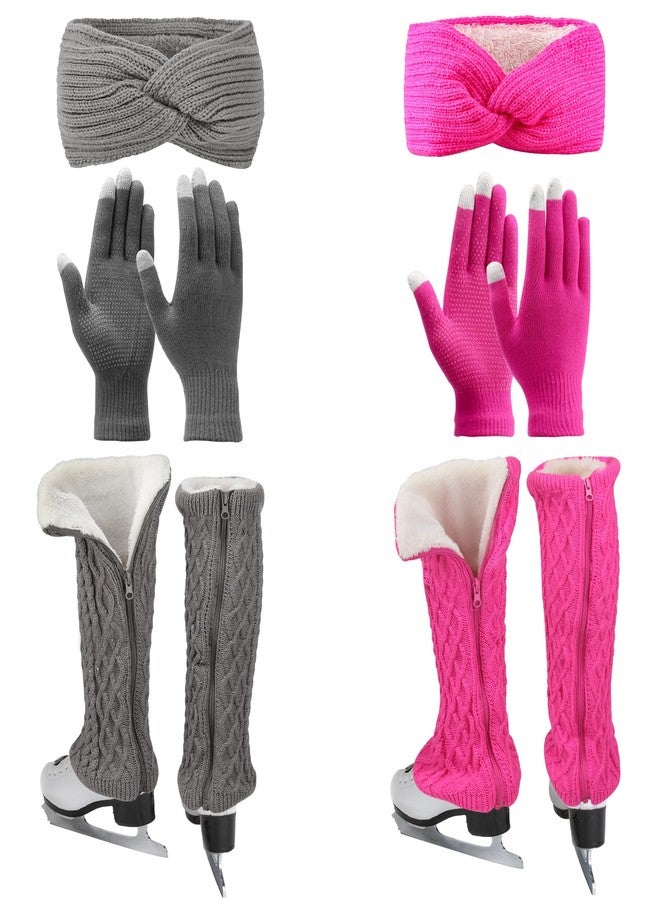 Regilt 2 Sets Figure Skating Leg Warmers Gloves Headband Set Zipper Fleece Lined Leg Warmers Socks for Ice Skating (Gray&Hot Pink-Long) - Image 1